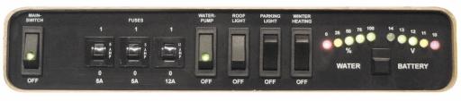 A S12 S13 S14 B C D E F MANÖVERPANELEN Med hjälp av manöverpanelen kan man slå på huvudströmmen, slå på spänning till vattenpumpskretsen, mäta innehållet i vattentanken och se på