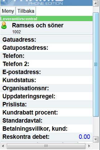 TELEFON/E-POST Med de klickbara telefonlänkarna går det att koppla upp sig till företagets växel eller till företagets kontaktperson direkt från mobiltelefonen. KUNDSTATUS Här visas kundstatus.