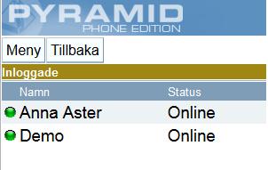 System - Inloggade Listan visar vilka som för tillfället är inloggade i Pyramid och från vilken plattform dessa arbetar. PBS efter namnet avser Pyramid Business Studio.