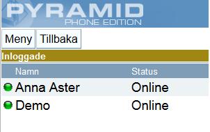 System - Inloggade Listan visar vilka som för tillfället är inloggade i Pyramid och från vilken plattform dessa arbetar. PBS efter namnet avser Pyramid Business Studio.