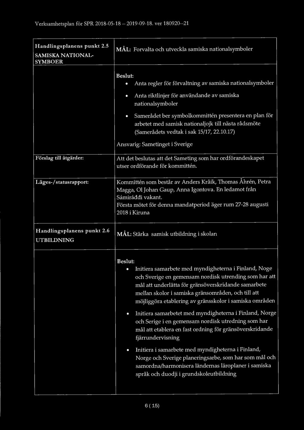 Verksamhetsplan för SPR 2018-05-18-2019-09-18. ver 180920--21 Handlingsplanens punkt 2.