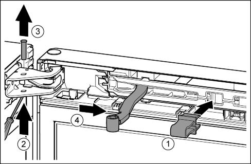 Idrifttagande Fig. 10 AKTA Klämrisk från hopfälld led! u Fäst spärren. u Haka fast spärren i öppningen. Fig. 10 (1) u Skjut ut tappen med en skruvmejsel. Fig. 10 (2) u Ta ut tappen uppåt. Fig. 10 (3) u Vrid leden mot dörren.