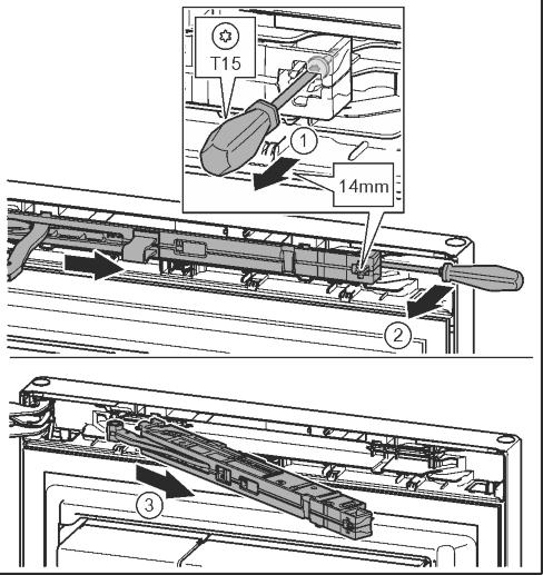 Fig. 12 (2) u Håll fast dörren och dra ut tappen med fingrarna. Fig. 12 (3) u Dra ut lagerbussningen ur styrningen. Sätt in den från den andra sidan tills den fäster. Fig. 12 (4) u Lyft av dörren uppåt och ställ den åt sidan.