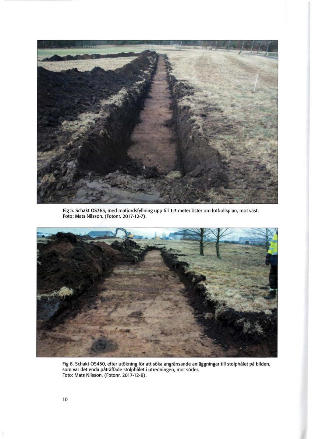 Fig 5. Schakt OS363, med matjordsfyning upp ti 1,3 meter öster om fotbospan, mot väst. Foto: Mats Nisson. (Fotonr. 2017-12-7). Fig 6.
