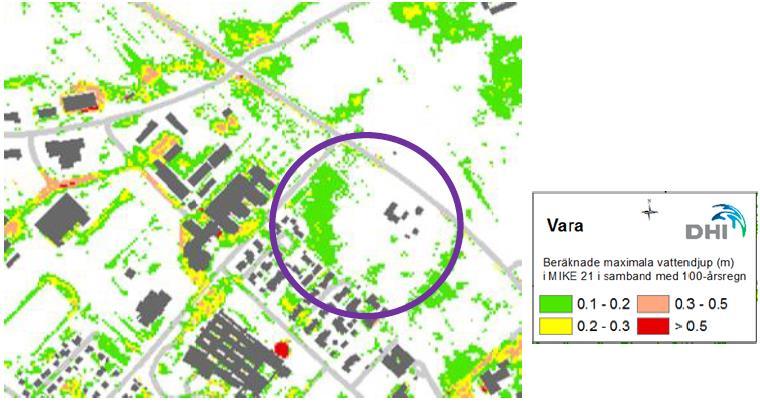 2.2 Topografi Området består av plan åkermark som sluttar svagt åt väster. Marknivåer varierar mellan ca +79,9 m och +81,1 m. En skyfallsanalys av Vara kommun genomfördes av DHI år 2015.