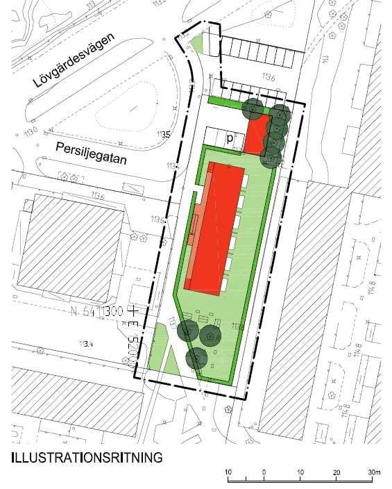 Befintlig förskola Befintligt bostadshus Teknisk försörjning Vatten och avlopp Byggnaden kan anslutas till befintligt va-ledningsnät med förbindelsepunkt söder om fastigheten.