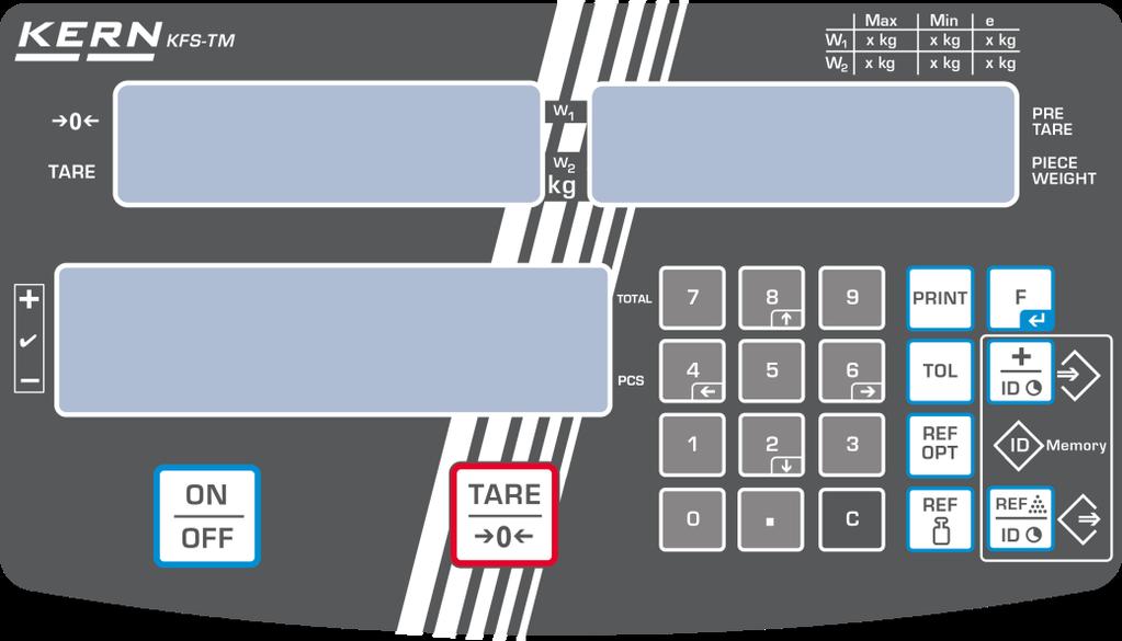 2.1 Översikt av indikeringar Viktdisplay Display av medelstyckvikt Display av antalet stycken Viktdisplay Här visas det vägda materialets vikt i [kg].