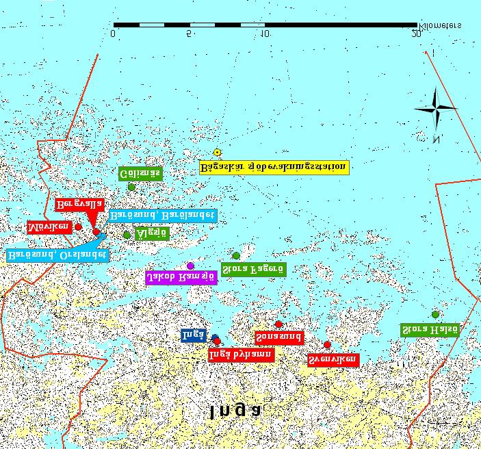 18 Lantmäteriverket 7/MYY/05 Figur 3. Gästhamnar (blå), servicehamnar (ljusblå), gästbryggor (lila), hemmahamnar (röd) samt utfärdshamnar (grön) i Ingå.