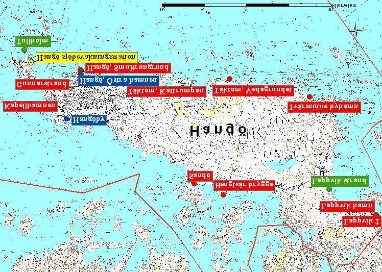 29 Lantmäteriverket 7/MYY/05 Figur 5. Gästhamnar (blå), hemmahamnar (röd) samt utfärdshamnar (grön) i Hangö. av Esso.