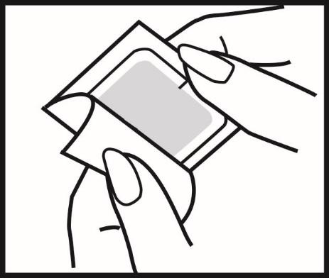 Figur 3: Ta ut plåstret och använd det omedelbart (figur 4). Figur 4: Spara den tomma påsen så att du kan lägga ditt använda plåster i det senare när plåstret ska slängas.