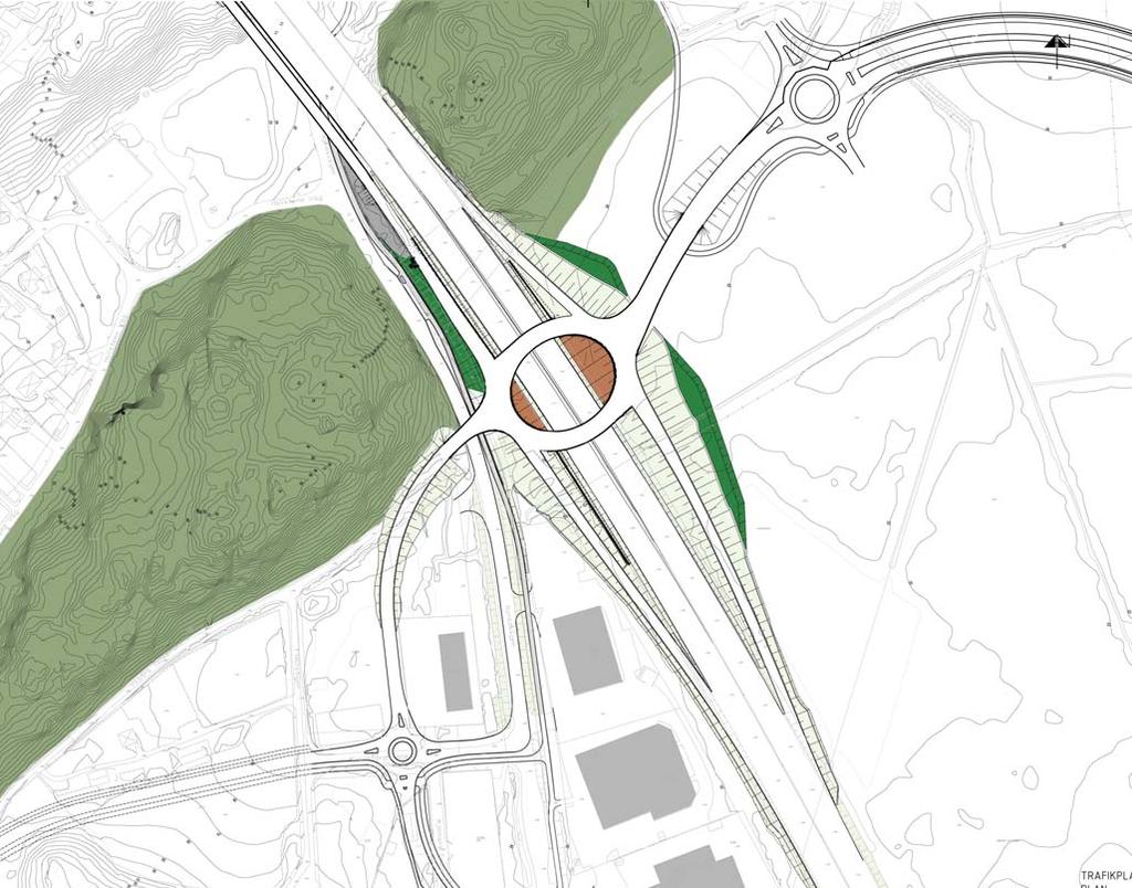 Förslag: Tpl Vega Den centrala cirkeln ger två halvcirklar på marknivån med slänter ner mot väg 73. Här utgörs markmaterialet av konstgjort gräs.