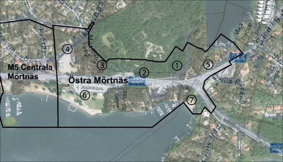 3 av 7 Östra delen av tidigare PFO-område M5 bör också planläggas inom detaljplan Östra Mörtnäs etapp 2 eftersom trafiklösningar och parkeringslösningar på båda sidor av väg 222 behöver lösas