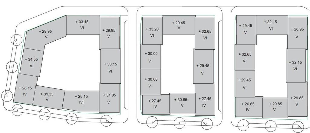 och lokal eller ateljé [BC2P1]. Flerbostadshusen uppförs med källarvåning där ett gemensamt parkeringsgarage föreslås. Figur 17. Totalhöjder för Rödalen, Alen och Gråalen. Källa: Slättö/C.F. Möller I Norrtälje Hamn är ambitionen att utforma bebyggelsen med variation.