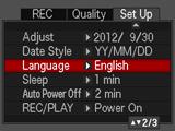 Specificering av skärmspråk (Language) Atgärder [MENU] * Fliken Inst. * Language. Välj önskat skärmspråk. 1Välj fliken längst till höger. 2Välj Language. 3Välj önskat språk.