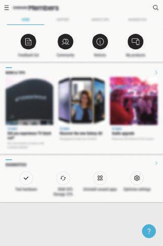Samsung Members Samsung Members erbjuder kunder supporttjänster som diagnos av enhetsproblem, och användare kan skicka in frågor och felrapporter.