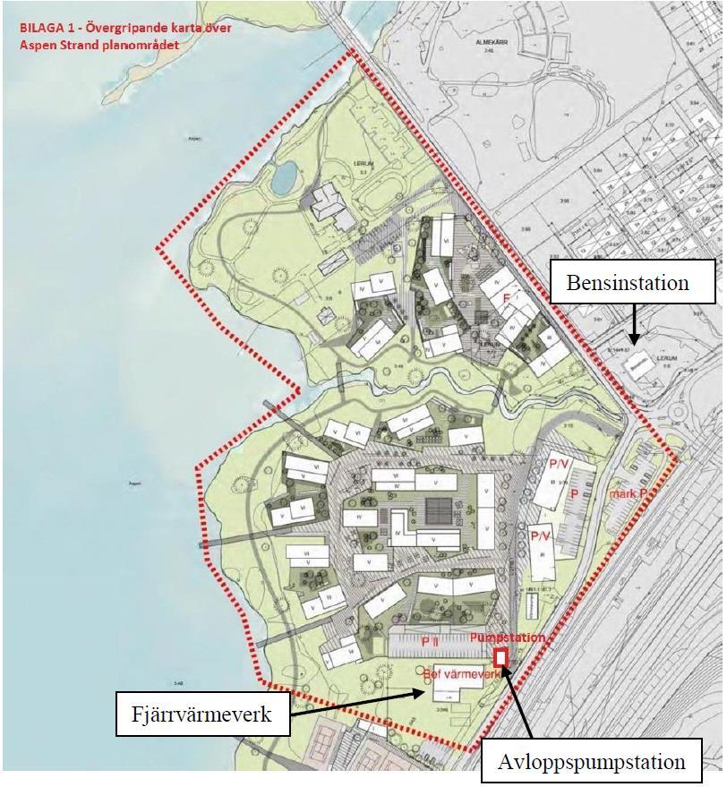 14 Bensinstation Fjärrvärmeverk Avloppspumpstation Figur 4. Situationsplan för området. Verksamheter, parkering och förskola är markerad i figuren.