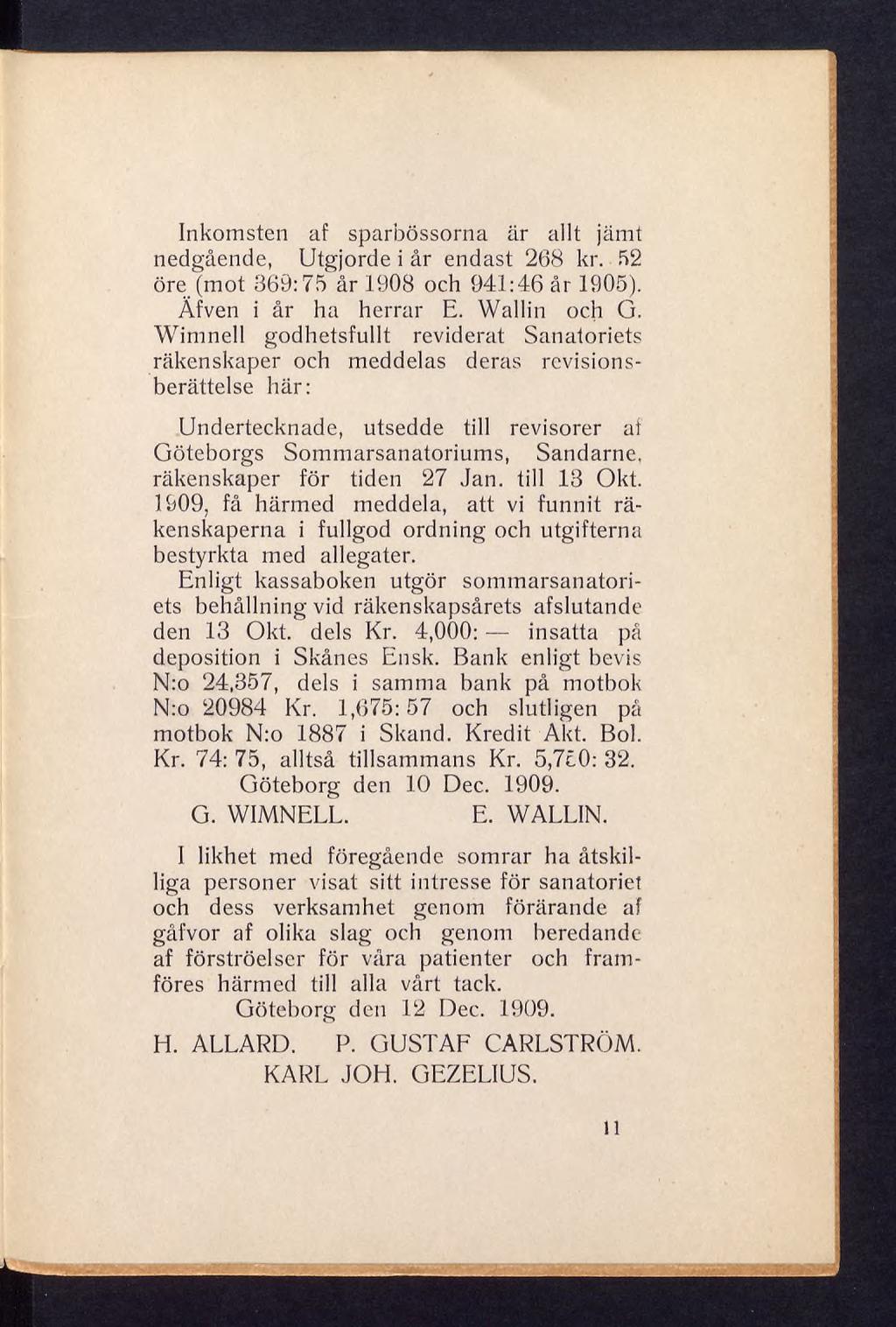 Inkomsten af sparbössorna är allt jämt nedgående, Utgjorde i år endast 268 kr. 52 öre (mot 369:75 år 1908 och 941:46 år 1905). Äfven i år ha herrar E. Wallin och G.