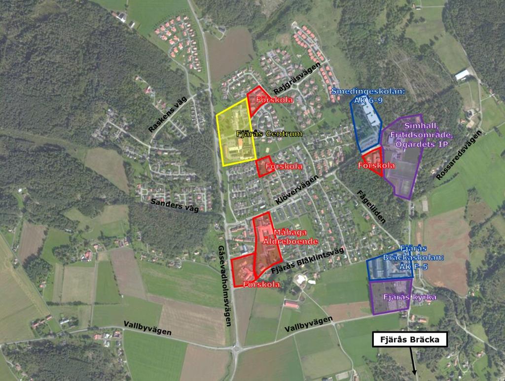 2.1.1 Målpunkter I Fjärås Centrum finns diverse butiker, bland annat matvarubutik, matställen och en vårdcentral. Där finns också hållplats för linjebuss med turer mot bland annat Kungsbacka.