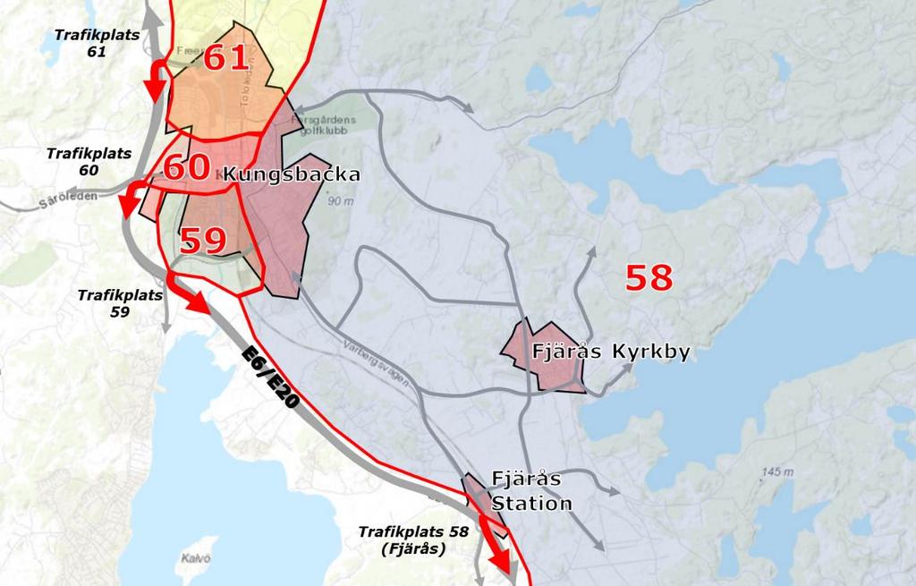 Figur 7. Upptagningsområden för trafikplatser på E6/E20