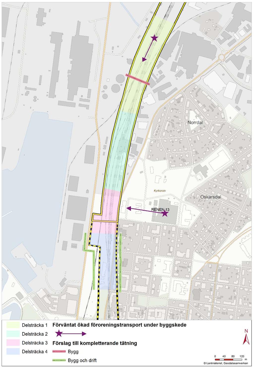 Figur 14-1. Områden med förväntat ökad föroreningstransport under byggskede, med rekommenderade kompletterande tätningsbehov. 14.2 Bedömd föroreningsspridning i grundvattnet i driftskedet Förorenad jord kommer schaktas bort inom anläggningsområdet för betongtråg och betongtunnel.