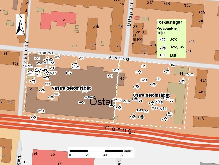 Figur 2. Provpunkter för miljötekniska undersökningar. Ytterligare provpunkter har undersökts med avseende på geoteknik. 5 FÖRORENINGSSITUATIONEN 5.