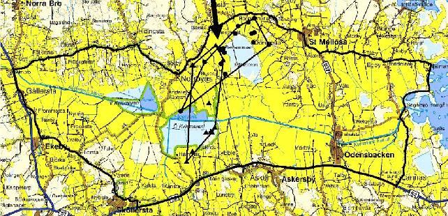 Pilen visar det område där den höll till båda åren. förflyttningar finner man att tranorna bara bytte plats 2,5 gånger per dag.