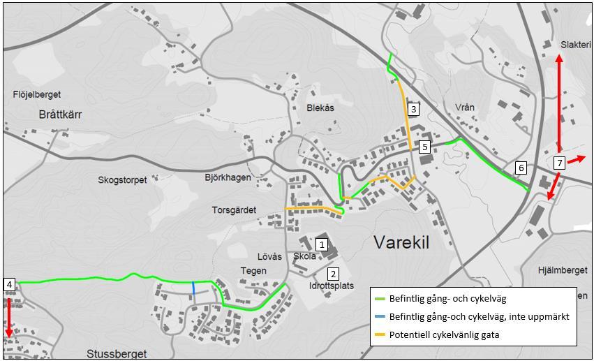 Bild 4: Befintlig cykelinfrastruktur i Varekil. Bakgrundskarta: Lantmäteriet Viktiga målpunkter: 1. Varekils skola F-5 och bibliotek 2. Idrottsplats 3.