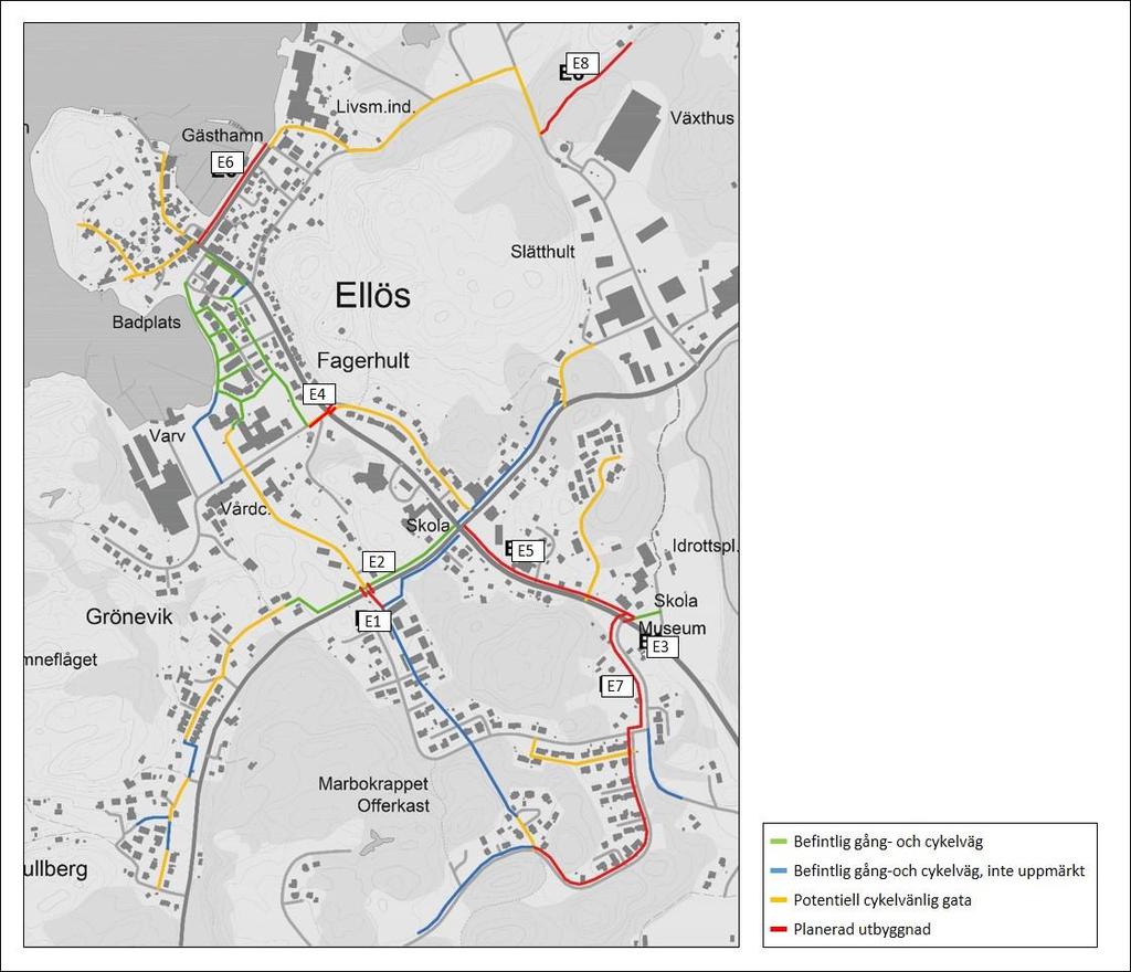 Bild 3: Befintlig cykelinfrastruktur i Ellös. Bakgrundskarta: Lantmäteriet Viktiga målpunkter: 1. Ellös skola F-6 och bibliotek 2. Idrottsplats/Idrottsanläggning 3. Badplats 4.
