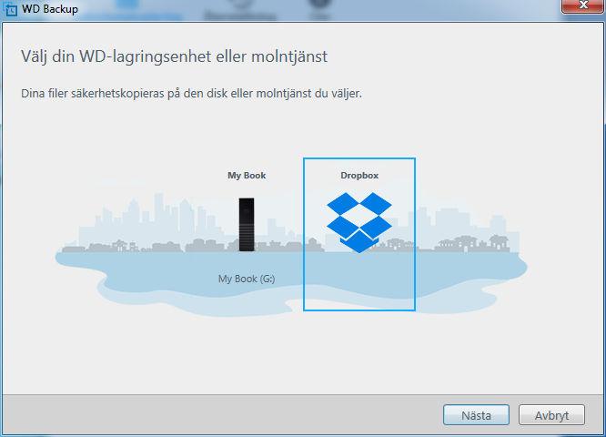 I dialogrutan Select your WD storage device or cloud service (Välj din WDlagringsenhet eller molntjänst) markerar du Dropbox-ikonen: 3.