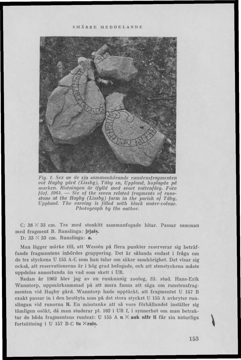 S M ÄRRE MEDDEIAN I) E Fig. 1. Sex av de sju sammanhörande runstensfragmenten vid Hagbg gärd (Lissby), Täby sn, Uppland, hoplagda pd marken. Blstningen är ifylld med svart vattenfärg. Foto förf. 1964.