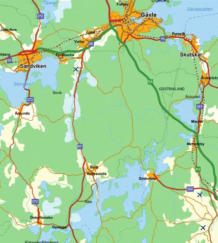 Väg 56 utgör Räta linjen vilken sträcker sig mellan Norrköping och Gävle.