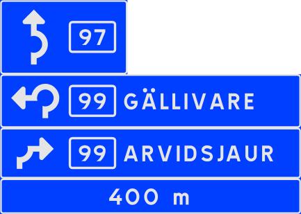 Ledning styrning och reglering Vägmärken Utformning av pilar då märke F3 Sätts upp före en cirkulationsplats eller droppe. Färg på avståndsangivelse till F3.