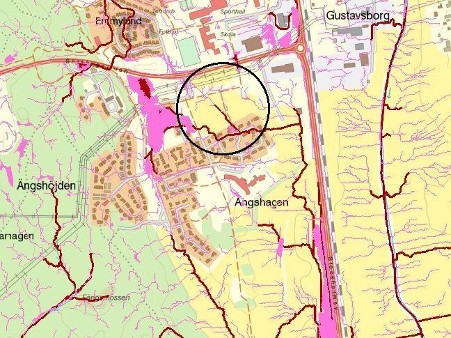Figur 5. Skyfallskartering med potentiella flödeslinjer: och riskområden.
