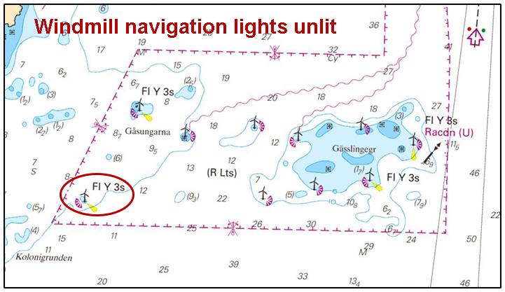 Notiser som utgår: 2018:685/12765(T) Tid: Till 31 juli, 2018 Ett av vindkraftverken i området söder om Skoghall har släckt navigationsljus.