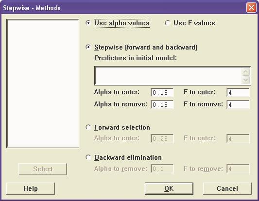 Minitab dialogfönster för kriterier (Methods-knappen) med stegvis regression:.