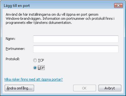 Kontrollera att UDP är markerat. Klicka därefter på OK.