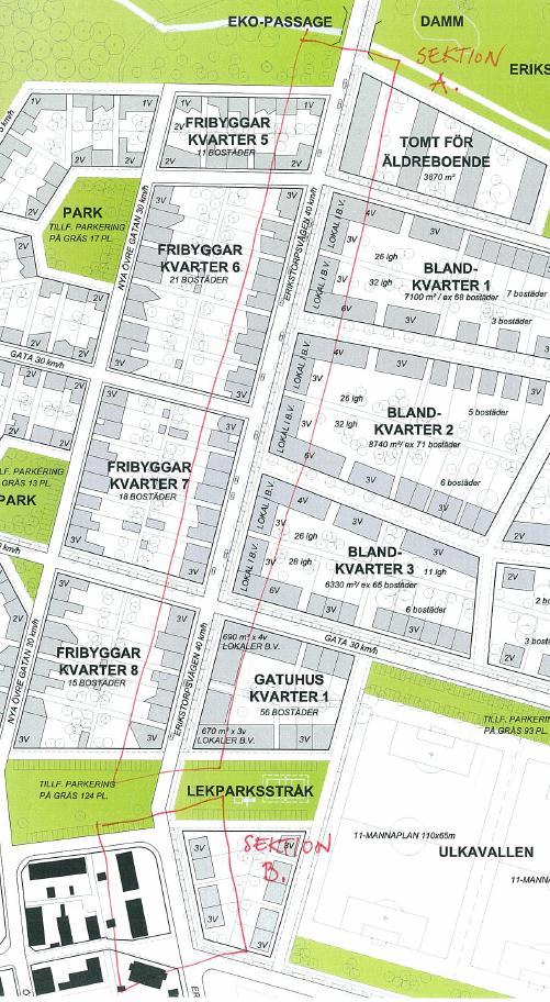 15 Figuren ovan visar för vilka olika snitt längs Erikstorpsvägen som genomförda bullerberäkningar är giltiga för. 5.