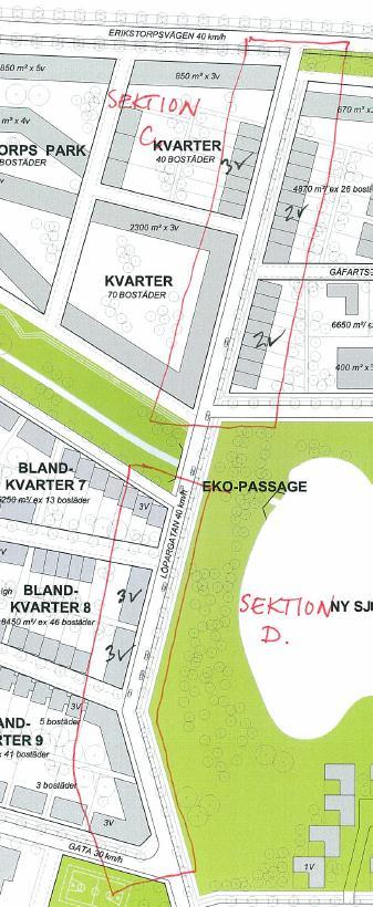 17 6. Bullerberäkningar Löpargatan (norra) För dessa beräkningar är det data från snitt 8 i Figur 2 som har använts (2620 ådt, 7 % tung trafik och 50 km/h) Bullerberäkningarna har gjorts för två