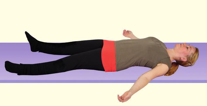 Du kan endera ha armarna längs med kroppen med händerna i jämnhöjd med fötterna, eller sträckta framför sänks under utandningen. Djupavslappning (Savasana) Ligg på rygg på golvet.