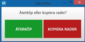 Exempel: Om sökning görs på kundens namn och artikelnummer kan det se ut enligt nedan: Det går att välja att söka efter kvitto online eller offline.