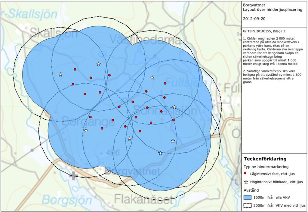 flygfarkosten riskerar att komma inom vindparkens säkerhetszon så tänds alla ljus, både vita och röda. När farkosten lämnar området så släcks alla ljusen. Reguljär flygtrafik på hög höjd Figur 8.
