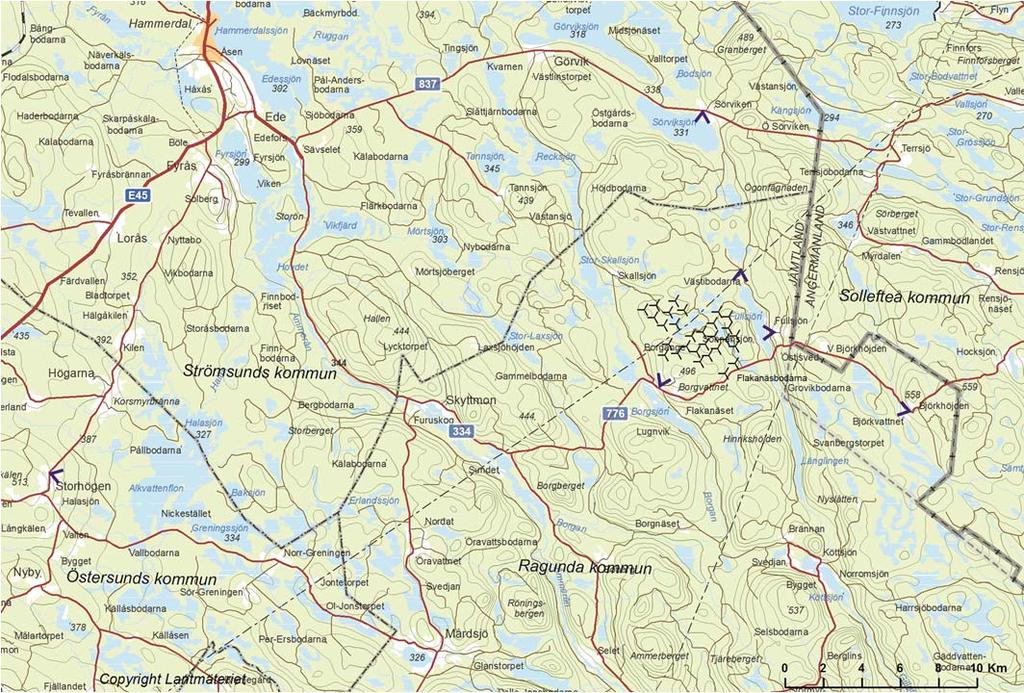 Figur 6. Översiktskarta för området kring den planerade vindkraftparken vid Borgvattnet.