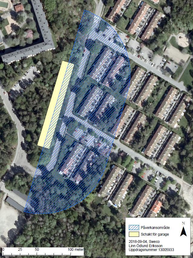 Figur 15 Bedömt maximalt påverkansområde på grundvatten under tillfällig påverkan under byggskedet av garaget.