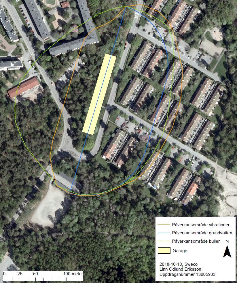 Figur 16 Sammanställning av bedömda påverkansområden för grundvatten, vibrationer och buller under byggskedet av garaget.
