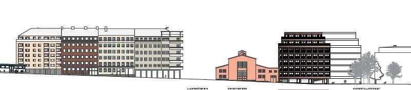 2015-10-26 Tjänsteutlåtande Sida 5 (7) Illustrationsplan. Kvarteret Gurkan 1 är markerat med röd färg. Ett första skissförslag visar en byggnad i åtta plan, dvs.