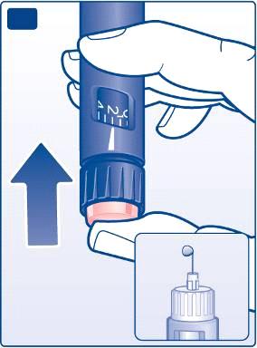 H I Fortsätt att hålla injektionsnålen riktad uppåt och tryck in tryckknappen helt. Dosväljaren går tillbaka till 0. En droppe insulin ska då komma fram vid injektionsnålens spets.