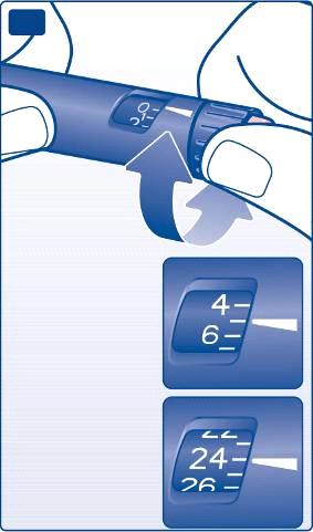 J 5 units selected 24 units selected Använd inte skalan för resterande insulin för att mäta din insulindos. Injektion Stick in injektionsnålen i huden.