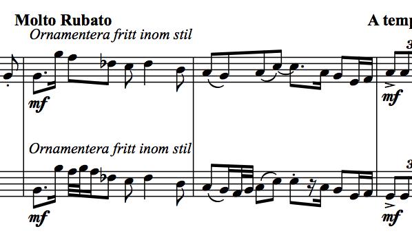 Diskussion: Hur realiserades musiken utirån de exemel som nämnts i kaitlet exemel å musikaliska idéer i notation Blocklöjt: d-moll löjtareggion (takt ) Vi bestämde oss ör att örst sela variationer av