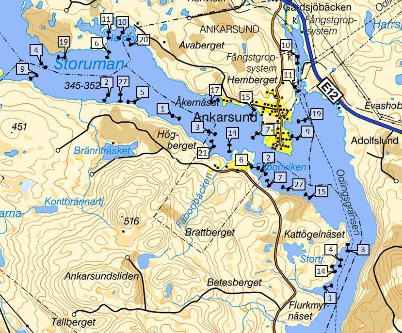 Figur. Karta över nätplaceringar vid provfisket i Storuman. Siffrorna anger numreringen på dobben (nätnumret).