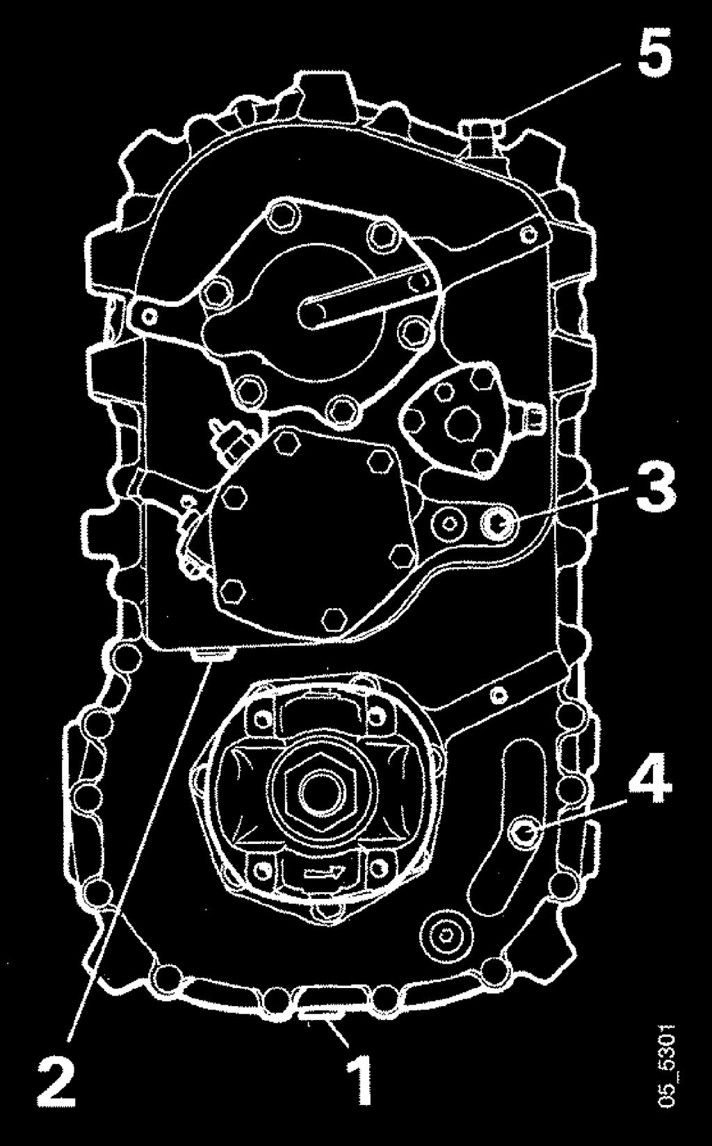 1. Nivåpropp 2. Avtappningspropp 3. Filter Bild 42. Proppar och filter 6. Olja in det nya filtrets gummipackning. 7. Skruva fast filtret för hand tills packningen ligger an mot växellådshuset.